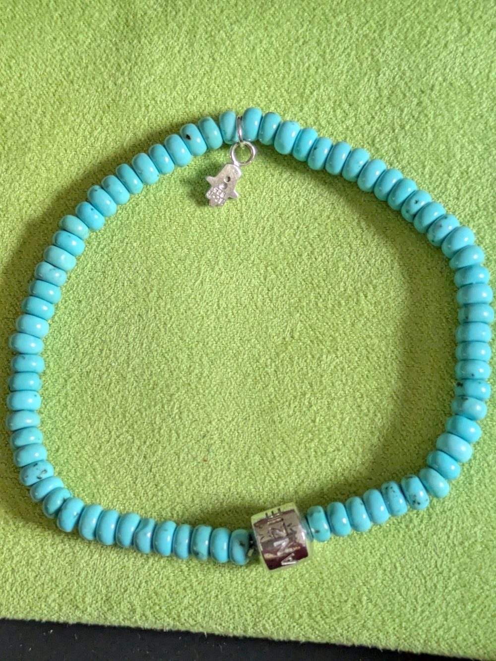 Turquoise Beaded Stretch Bracelet with Silver Hamsa Accent